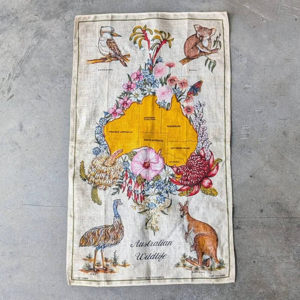Vintage Pure Linen Souvenir Australian Wildlife Tea Towel